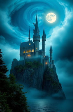 A majestic fantasy castle set atop a high cliff surrounded by swirling fog and a starry night sky