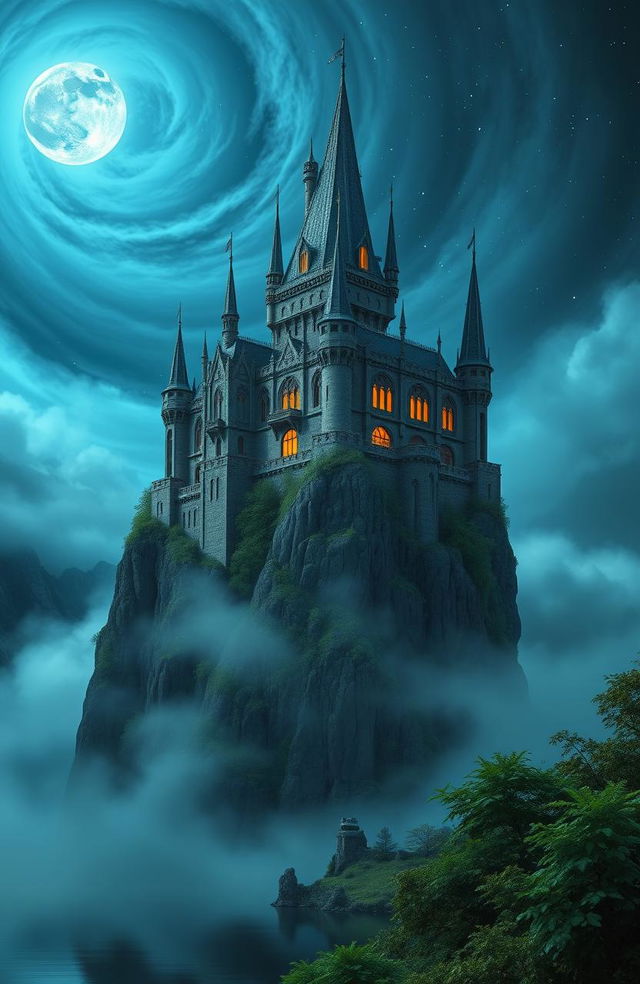 A majestic fantasy castle set atop a high cliff surrounded by swirling fog and a starry night sky