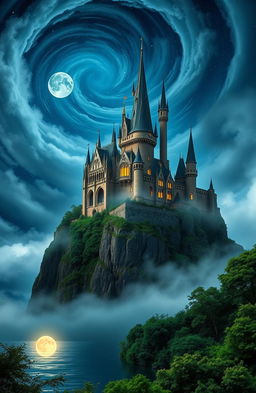 A majestic fantasy castle set atop a high cliff surrounded by swirling fog and a starry night sky