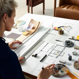 A professional interior designer at work, brainstorming ideas on blueprints and material samples spread out on a sleek, modern office desk, with well-designed, stylish furniture in the background.