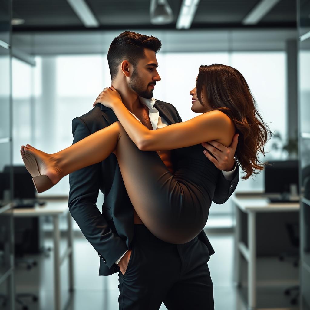 A full-sized image depicting a handsome businessman in a sharp suit, his shirt slightly unbuttoned to reveal a toned abdomen