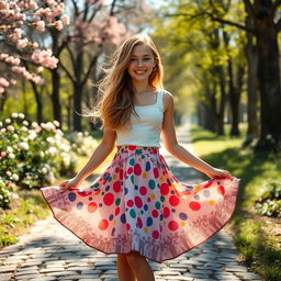 A stylish girl wearing a flowy skirt, standing in a sunlit park, surrounded by blooming flowers and tall trees