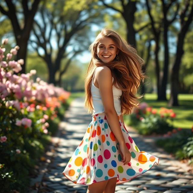 A stylish girl wearing a flowy skirt, standing in a sunlit park, surrounded by blooming flowers and tall trees