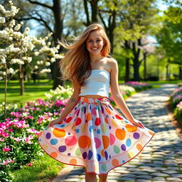 A stylish girl wearing a flowy skirt, standing in a sunlit park, surrounded by blooming flowers and tall trees