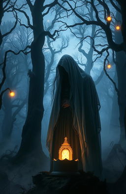 A mystical forest setting at twilight, full of ancient trees and mist, reflecting a tale of cursed lineages and forgotten guardians