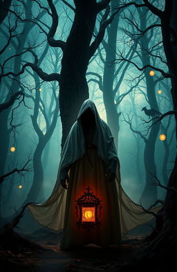 A mystical forest setting at twilight, full of ancient trees and mist, reflecting a tale of cursed lineages and forgotten guardians