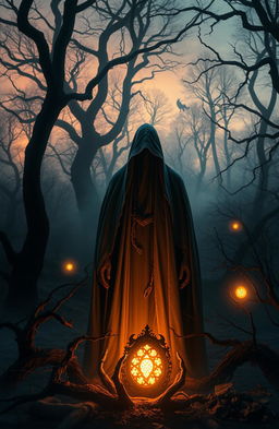 A mystical forest setting at twilight, full of ancient trees and mist, reflecting a tale of cursed lineages and forgotten guardians