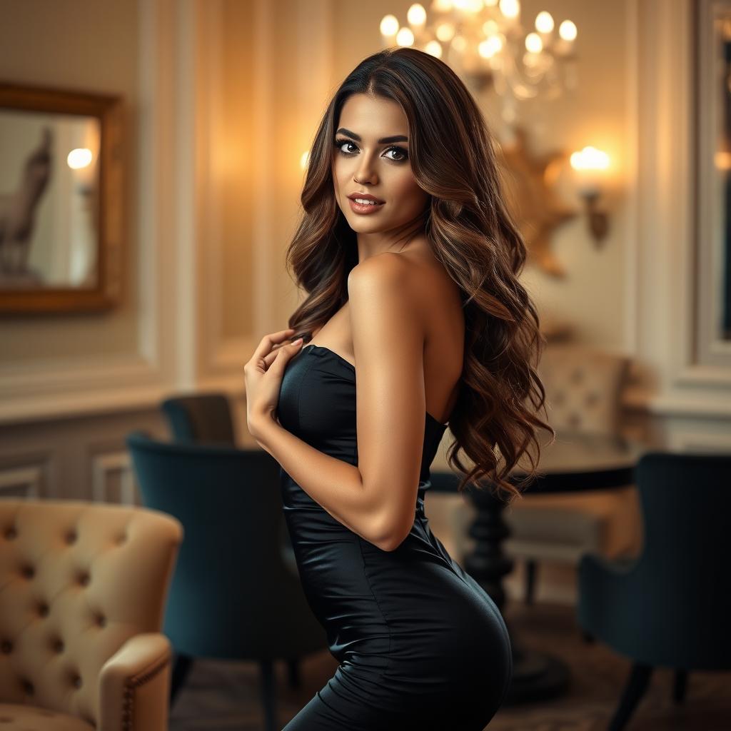 A captivating and alluring model posing confidently in an elegant setting, dressed in a stunning, form-fitting dress that accentuates her curves