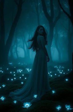 A mysterious and enchanting scene set in a dense, shadowy forest enveloped in mist