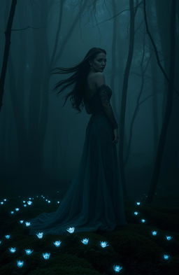 A mysterious and enchanting scene set in a dense, shadowy forest enveloped in mist