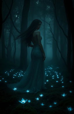 A mysterious and enchanting scene set in a dense, shadowy forest enveloped in mist