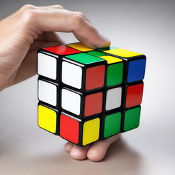 A pair of hands just starting to solve a 3x3 Rubik's cube against a neutral background, the cube is in a scrambled state and the first turn is about to be made