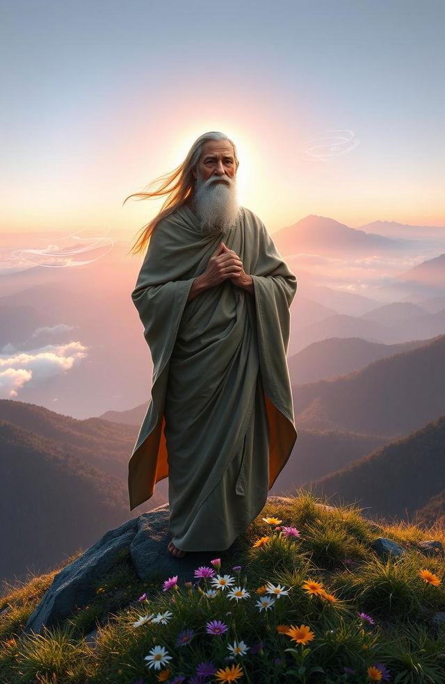 A serene scene depicting a wise Mahatma figure on a mountaintop, enveloped in a tranquil atmosphere