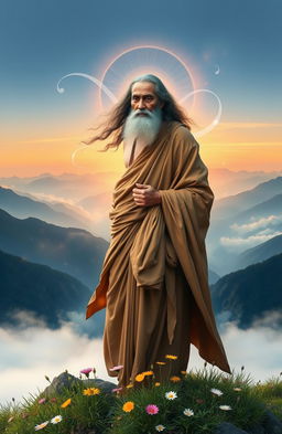 A serene scene depicting a wise Mahatma figure on a mountaintop, enveloped in a tranquil atmosphere