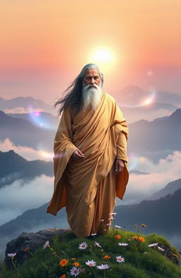A serene scene depicting a wise Mahatma figure on a mountaintop, enveloped in a tranquil atmosphere