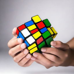 A pair of hands just starting to solve a 3x3 Rubik's cube against a neutral background, the cube is in a scrambled state and the first turn is about to be made