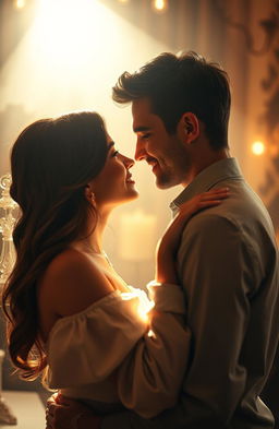 A romantic scene featuring two lovers in a warm, intimate embrace under a soft spotlight