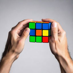 A pair of hands just starting to solve a 3x3 Rubik's cube against a neutral background, the cube is in a scrambled state and the first turn is about to be made