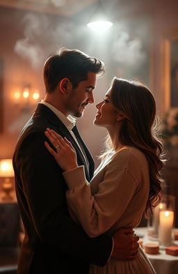 A romantic scene featuring two lovers in a warm, intimate embrace under a soft spotlight