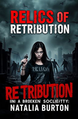 A chilling book cover design for 'Relics of Retribution: Blood and Bone in a Broken Society' by Natalia Burton