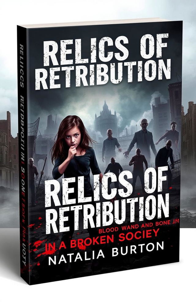 A chilling book cover design for 'Relics of Retribution: Blood and Bone in a Broken Society' by Natalia Burton