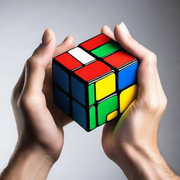 A pair of hands just starting to solve a 3x3 Rubik's cube against a neutral background, the cube is in a scrambled state and the first turn is about to be made