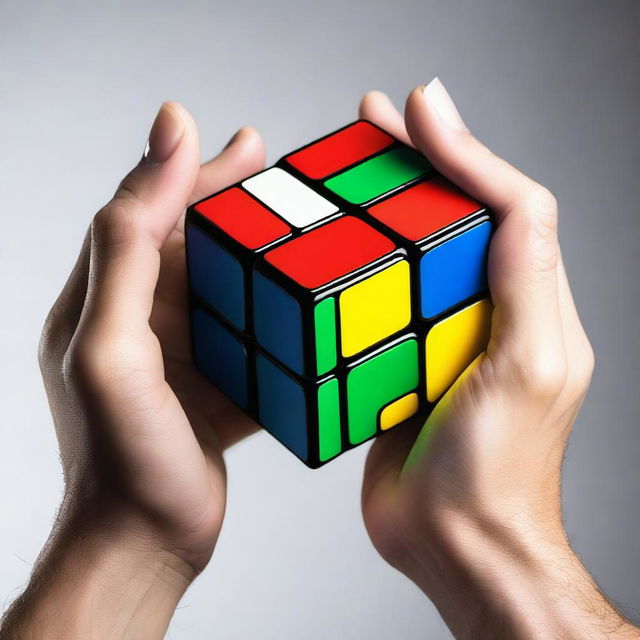 A pair of hands just starting to solve a 3x3 Rubik's cube against a neutral background, the cube is in a scrambled state and the first turn is about to be made