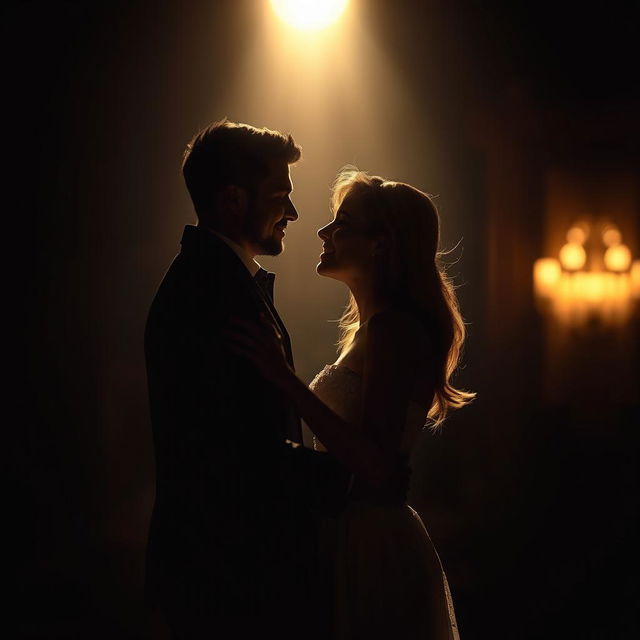 A captivating depiction of two lovers standing under a dramatic spotlight, their silhouettes framed against a dark, blurred background