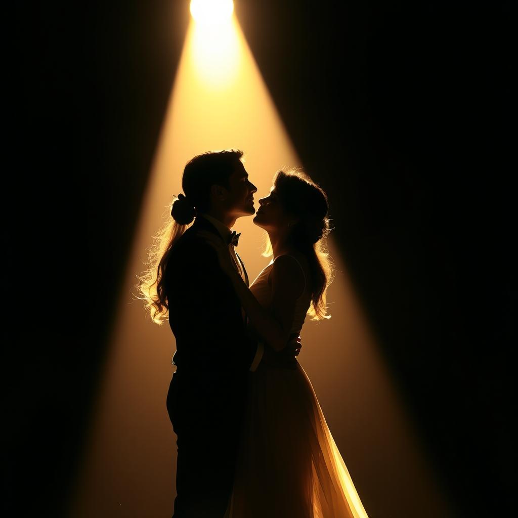 A captivating depiction of two lovers standing under a dramatic spotlight, their silhouettes framed against a dark, blurred background