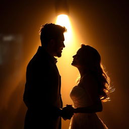 A captivating depiction of two lovers standing under a dramatic spotlight, their silhouettes framed against a dark, blurred background