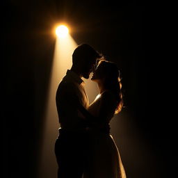 A captivating depiction of two lovers standing under a dramatic spotlight, their silhouettes framed against a dark, blurred background