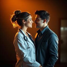 A passionate scene featuring a female doctor and her partner, both captured in a dramatic spotlight
