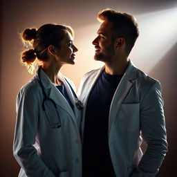 A passionate scene featuring a female doctor and her partner, both captured in a dramatic spotlight