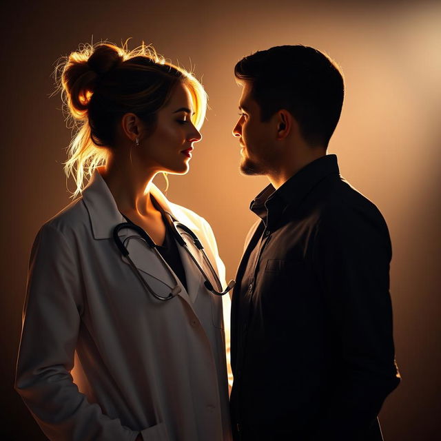 A passionate scene featuring a female doctor and her partner, both captured in a dramatic spotlight