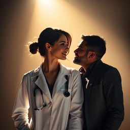 A passionate scene featuring a female doctor and her partner, both captured in a dramatic spotlight
