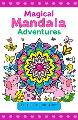 A vibrant and engaging coloring book cover designed for children, featuring a large, playful mandala surrounded by an array of whimsical, cartoonish animals like elephants and butterflies