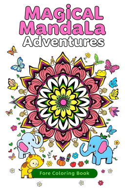 A vibrant and engaging coloring book cover designed for children, featuring a large, playful mandala surrounded by an array of whimsical, cartoonish animals like elephants and butterflies