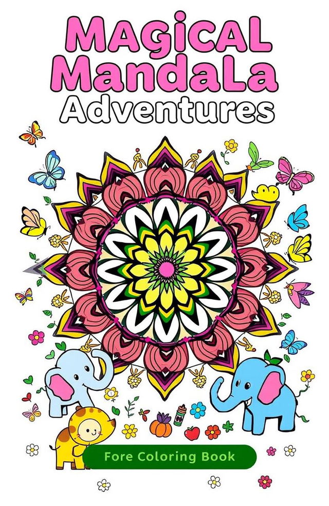 A vibrant and engaging coloring book cover designed for children, featuring a large, playful mandala surrounded by an array of whimsical, cartoonish animals like elephants and butterflies