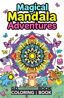 A vibrant and engaging coloring book cover designed for children, featuring a large, playful mandala surrounded by an array of whimsical, cartoonish animals like elephants and butterflies