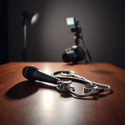 A dynamic scene featuring a spotlight illuminating a microphone and a stethoscope laid artfully on a polished wooden table, suggesting a convergence of music and medicine