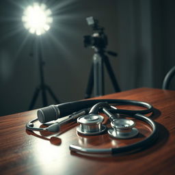 A dynamic scene featuring a spotlight illuminating a microphone and a stethoscope laid artfully on a polished wooden table, suggesting a convergence of music and medicine