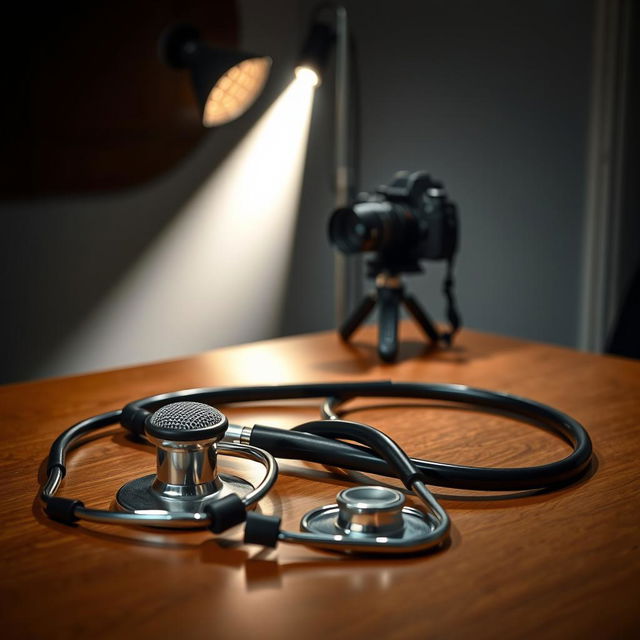 A dynamic scene featuring a spotlight illuminating a microphone and a stethoscope laid artfully on a polished wooden table, suggesting a convergence of music and medicine