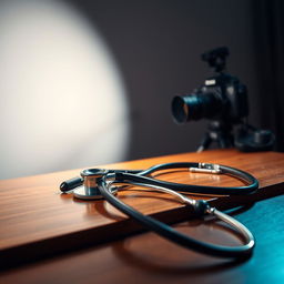 A dynamic scene featuring a spotlight illuminating a microphone and a stethoscope laid artfully on a polished wooden table, suggesting a convergence of music and medicine