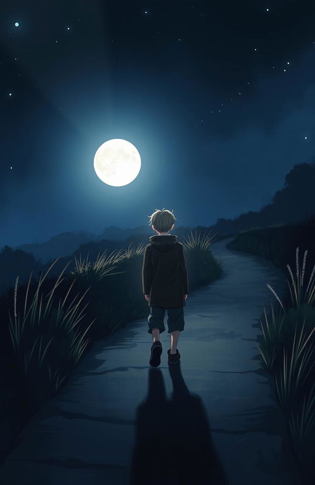 A scene depicting a boy standing on a dark footpath, looking ahead with curiosity