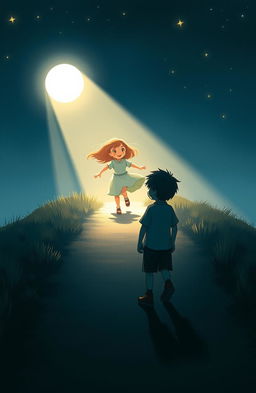 A scene depicting a boy standing on a dark footpath, looking ahead with curiosity