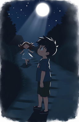 A scene depicting a boy standing on a dark footpath, looking ahead with curiosity