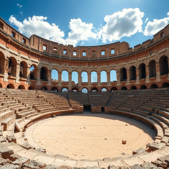 An ancient, open-air amphitheater or coliseum with a worn, weathered appearance, shown from the arena's ground level