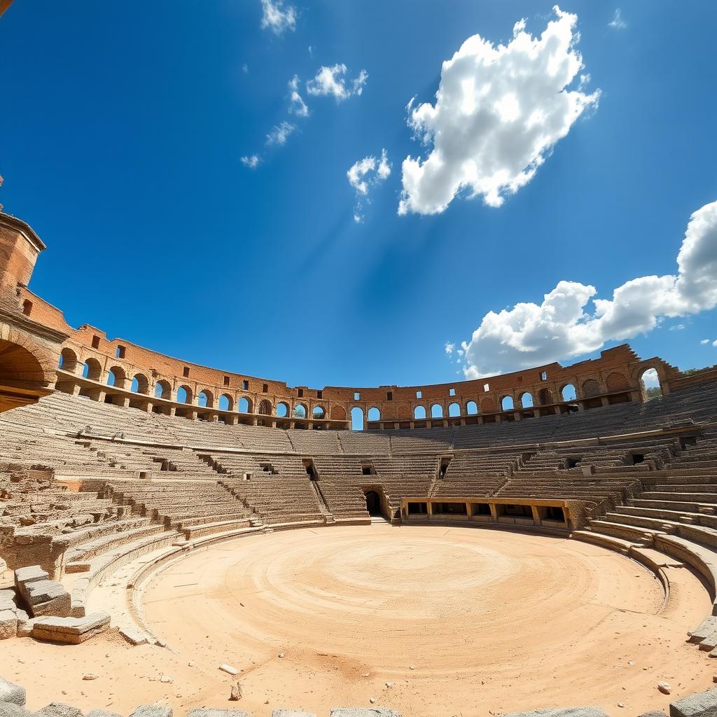 An ancient, open-air amphitheater or coliseum with a worn, weathered appearance, shown from the arena's ground level