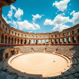 An ancient, open-air amphitheater or coliseum with a worn, weathered appearance, shown from the arena's ground level