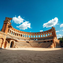 An ancient, open-air amphitheater or coliseum with a worn, weathered appearance, shown from the arena's ground level